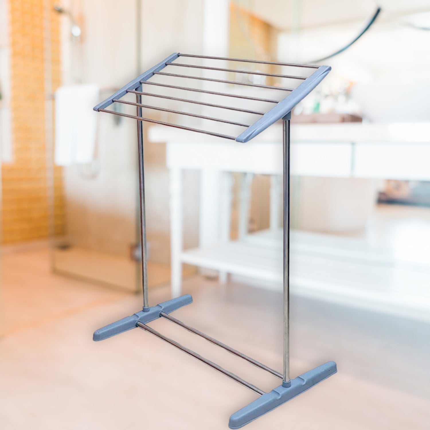 8724 Multi-Functional Single Tier Mobile Towel Foldable Rack for Cloth and Towel / Stainless Steel and Plastic Made Mobile Towel and Cloth Rack Holder Indoor / Outdoor Standing Movable Cloth Dryer Rack, Balcony Cloth Drying Stand 8724 Multi-Functional Single Tier Mobile Towel Foldable Rack for Cloth and Towel / Stainless Steel and Plastic Made Mobile Towel and Cloth Rack Holder Indoor / Outdoor Standing Movable Cloth Dryer Rack, Balcony Cloth Drying Stand